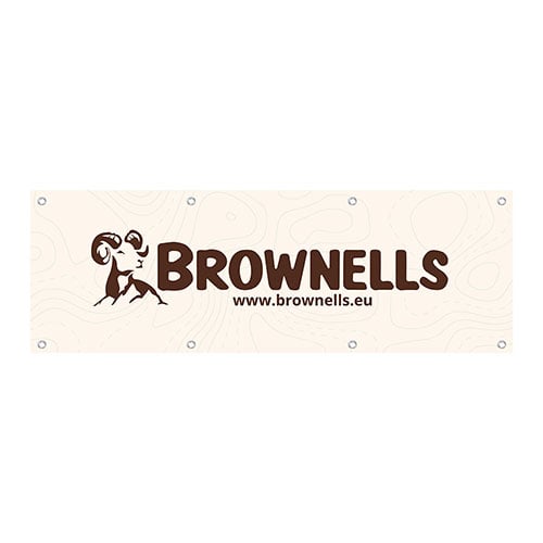 Visa ditt stöd för Brownells Europe med vår hållbara Range Banner i PVC, 1.5x0.5m, med öglor för enkel upphängning och en snygg logotyp!